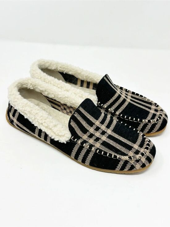 Rothy's Shoes - Rothy’s The Slipper Black Camel Plaid Loafer Sherpa Lined Merino Wool Size 7